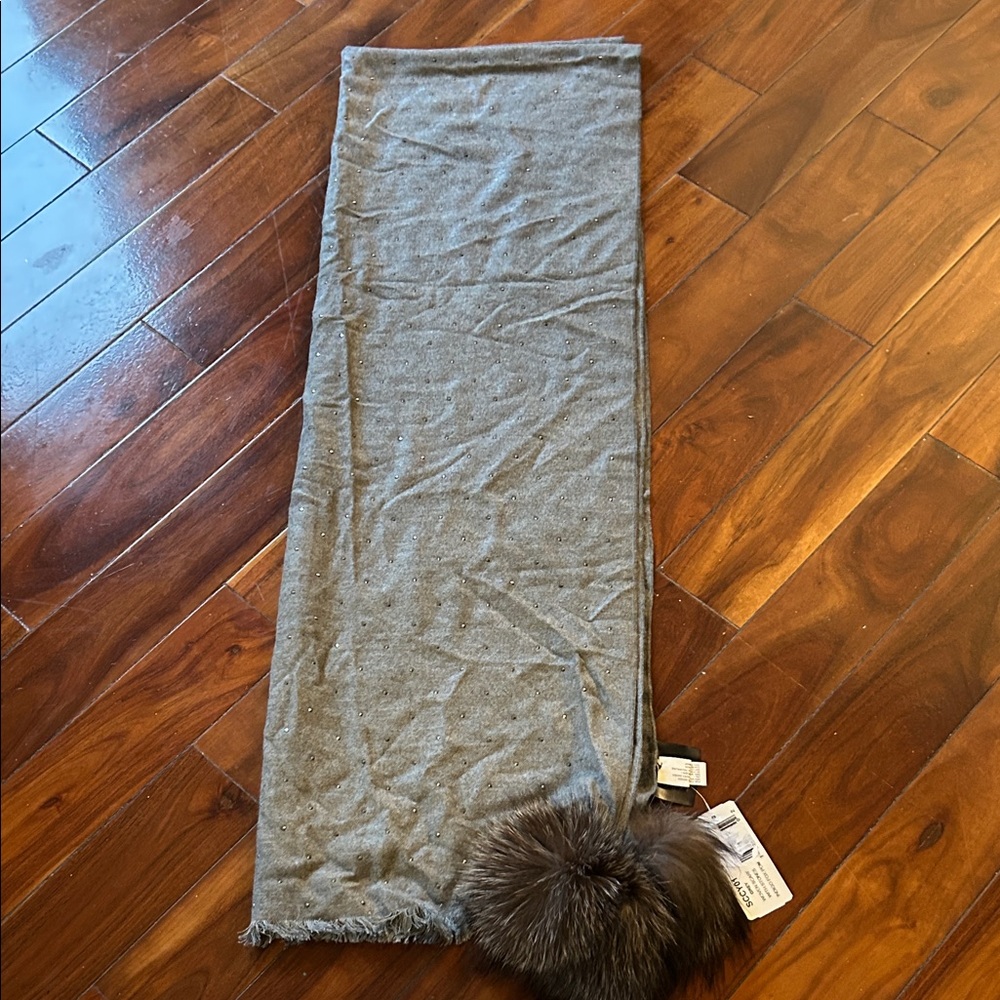 Gray Wool Blend Scarf with Skin Fox Indigo Pom Pom